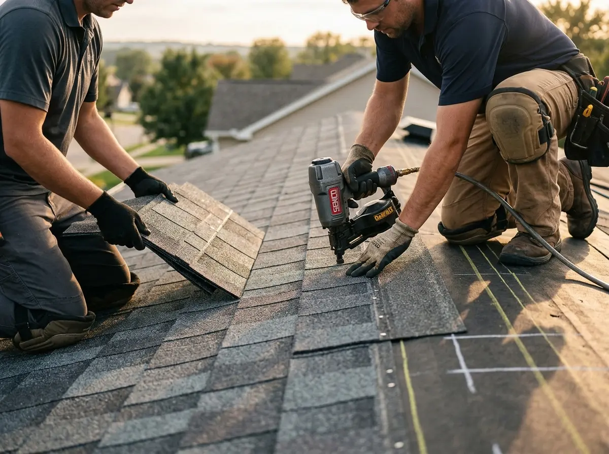 Professional roofer working on a residential roof in Bridgeton